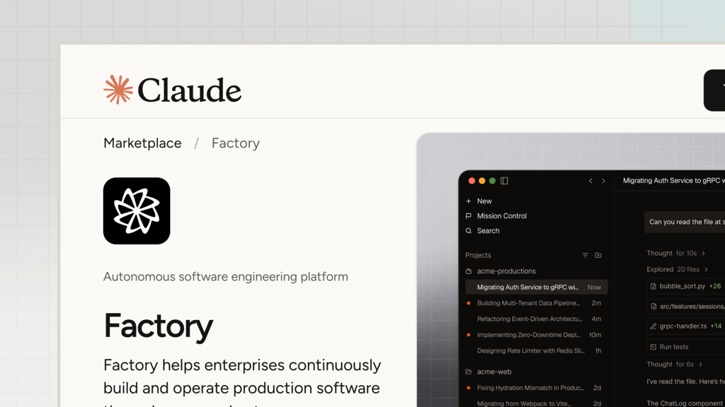 Factory now available on Claude Marketplace, bringing autonomous software development to the enterprise