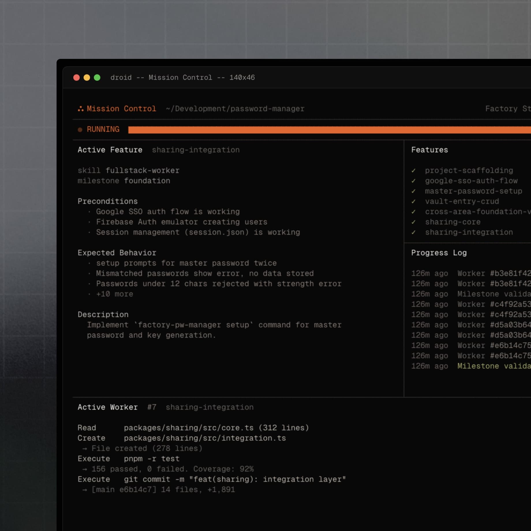 Mission Control showing an active mission with worker progress and the execution log